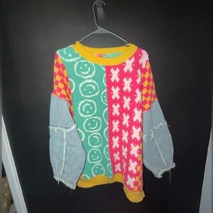 SHEIN Colorful Patterned Sweater with Denim Sleeves